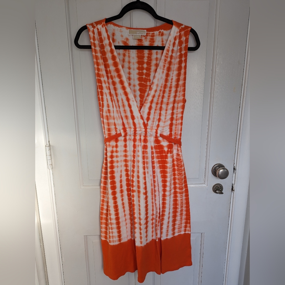 $10 SALE Michael Kors Sleeveless Sundress Medium V-neck tie waist orange tie dye